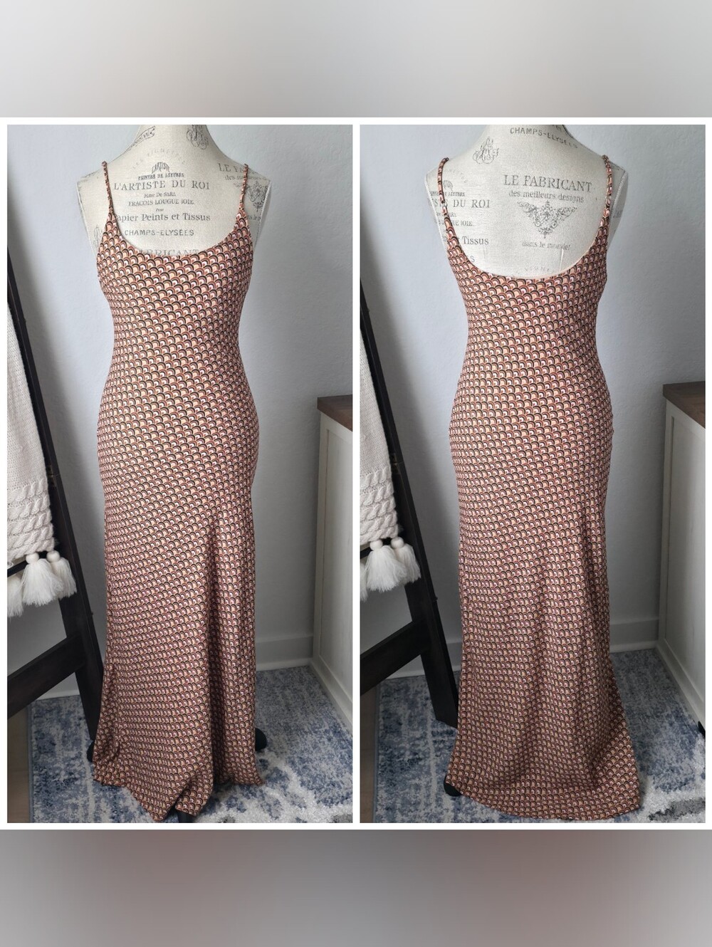 Charlie Holiday Husk Geo Maxi Slip Dress, Size 6, Brown-Tan, A-line, Long Dress